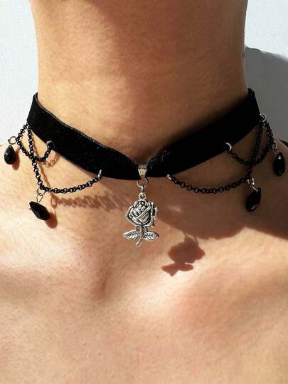 1 peça colar gargantilha de veludo com pingente de metal em formato de flor rosa, elegante e sexy, acessório moderno para mulheres, adequado para festas, reuniões, versátil