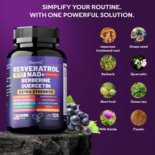 BUPORAI Suplementos de resveratrol Nad+, berberina y quercetina: cuidado de la piel, antienvejecimiento, apoyo a la salud celular, la salud general y el metabolismo - 120 unidades - 120 cápsulas - Ver 3