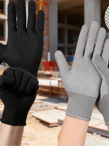 2 Pairs Work Gloves - 1 Pair Seamless Black Gloves + 1 Pair Polka Dot Gloves, Thick, Durable, Anti-Slip, Breathable - Black and Gray - View 2