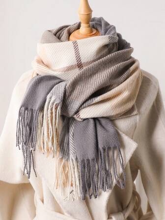 1 st höst vinter kvinnor elegant vintage flerfärgad rutig randig fuskkashmirhalsduk/sjal, med tofsar, vinter varm avslappnad tjock halsduk för klänning