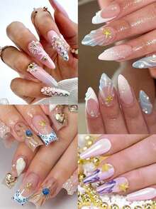 12 Grids Half Round Gold+Silver Pearls Nail Charms Metallic Flat-Back Beads Ball Mixed Size Nail Pearls Nail Gems Nail Supplies Nails - 彩色 - 查看 8