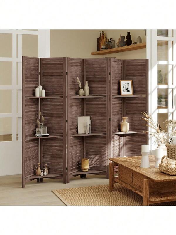 Freestanding Portable Wall Wooden Privacy Screen Divider With Shelves