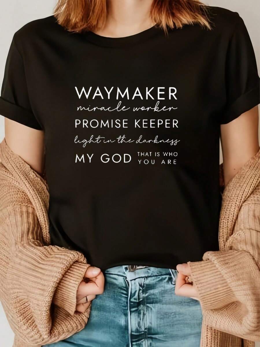 Camiseta Waymaker Miracle Worker Estilo Religioso Inspirador,Camiseta casual estampada de manga corta y cuello redondo, 100 % algodón - Negro - Ver 1