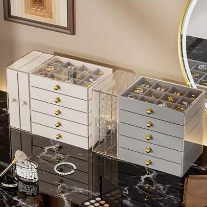 1pc Multi-Function Transparent Desktop Jewelry Box With Drawers, Can Store Bracelets, Cuffs, Watches, Rings, Necklaces, Earrings And Other Accessories, Stackable Drawer Design, Versatile Use, Ideal Jewelry Storage And Organization Box.