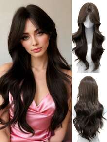 24-Inch Synthetic Heat-Resistant Middle-Length Natural Wavy Wig, Center-Parted, Brown Color, Soft And Fluffy Texture, Suitable For Daily Wear, Music Festivals And Parties - Multicolor - View 2