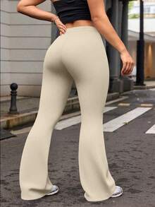 Quần legging yoga ống loe cạp cao màu trơn dành cho nữ, quần tập thể dục chạy bộ, tập luyện mùa xuân - Màu be - Xem 3