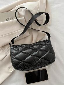 1 pieza Bolso bandolera acolchado de poliéster brillante con cremallera, de moda para uso diario de mujeres - Negro - Ver 3