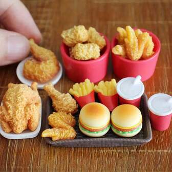 7/10/17 piezas de mini comida variada, incluyendo cubeta de pollo frito y hamburguesa, adecuado para decoración de Navidad, fiesta de cumpleaños, decoración de cocina y jugar con muñecas Blyth y OB11 (color y estilo aleatorios)