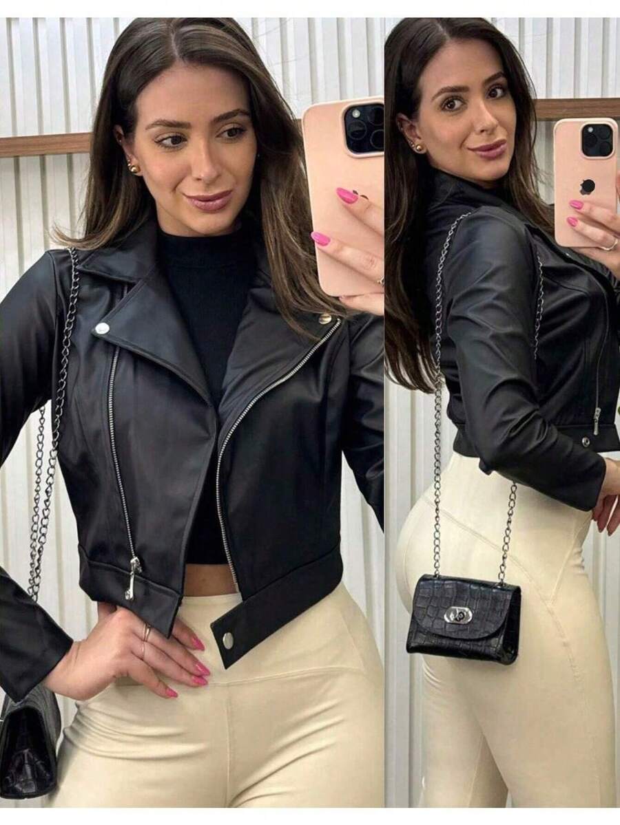 Women's Leather Jacket With Zipper Winter Elegant - 黑色 - 查看 1