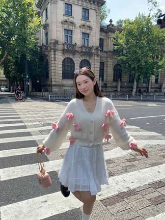 Kawaii Women's Himekaji Pink Three-Dimensional Bow Accessories Cute Minimalist Sexy Cardigan, Long Sleeve Tops