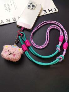 Correa de cordón ajustable con oso de peluche lindo y de dibujos animados, soporte para teléfono cruzado largo tipo collar