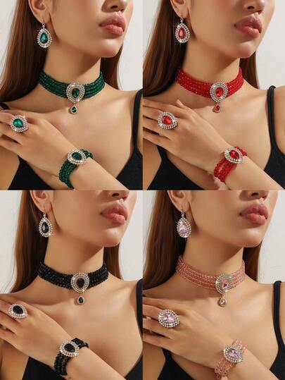 1 قطعة قلادة نسائية فاخرة بتصميم هندسي قطرة الماء بألوان الوردي والذهبي الشمبانيا والأبيض والأسود والأحمر والأخضر، 1 زوج من أقراط قطرة الماء البلورية بنفس الألوان، 1 قطعة سوار متعدد الطبقات بقطرة الماء البلورية، 1 قطعة خاتم بقطرة الماء البلورية، مجموعة مكونة من 4 قطع، مناسبة للسهرات والاستخدام اليومي