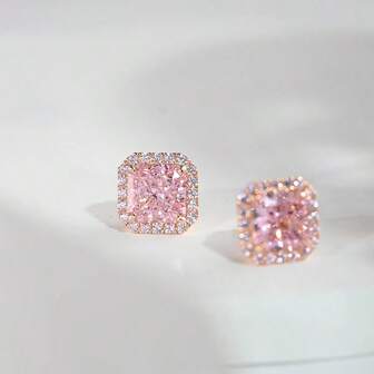 1 Pair S925 Silver Cubic Zirconia Square Stud Earrings, Main Stone Is Pink Zirconia, Elegant Design Delicate And Sparkling, Suitable For Daily Wear Or As A Gift