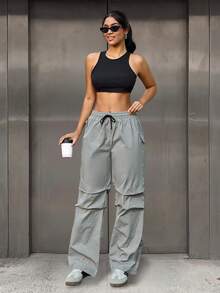 Pantalones cargo de estilo casual de la calle Y2K con bolsillos en diagonal, cintura elástica con cordón, pierna recta, pantalones paracaídas para uso diario, oficina, viajes al aire libre y ropa de otoño para mujeres