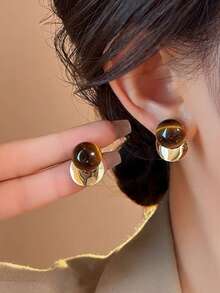 1 Pair Of Maradet Tiger Eye Stone Vintage Earrings - Small-Scale Luxury High-End Style Ear Jewelry For Autumn/Winter, New Best-Selling Earrings For Women