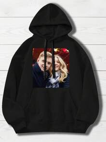 Plus Customized Slogan Graphic Kangaroo Pocket Drawstring Thermal Hoodie - Black - View 2