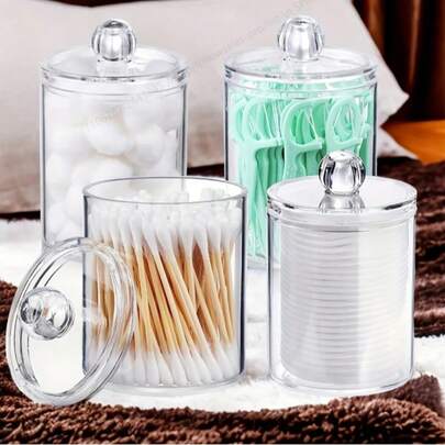 4 件套透明收纳盒，棉签架分配器，用于棉签、球、垫、牙线棒 - 小型透明塑料罐药瓶套装，浴室必需品配件装饰，梳妆台化妆品收纳盒