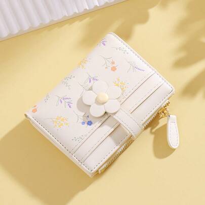 New Korean Cute Floral PU Leather Short Wallet Student Coin Purse Card Holder Zipper Pouch For Women Wallet Mini Wallet Purse Wallet Small Wallet Cute Wallet Card Wallet Coin Wallet