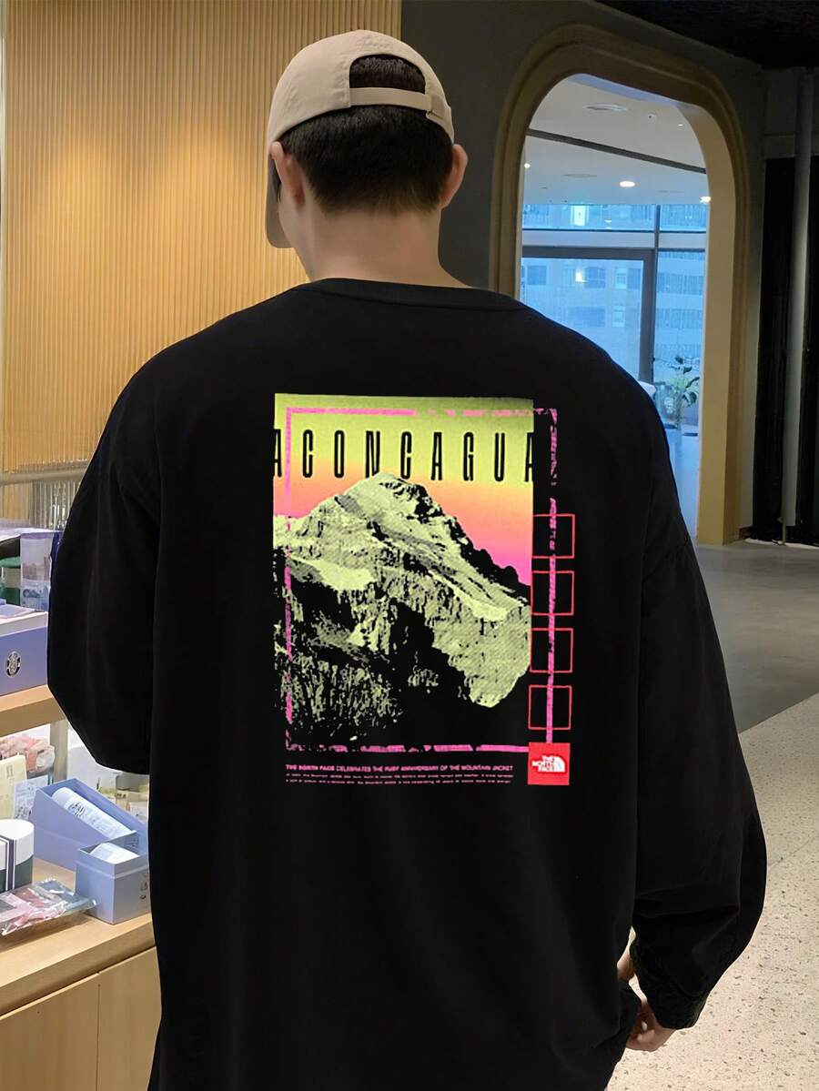 Men's Unisex Long-Sleeved T-Shirt, Comfortable And Relaxed Fit, Oversized Silhouette, Graphic Print, Fashionable Design, Can Be Worn At Home Or Outside, Suitable For All Ages