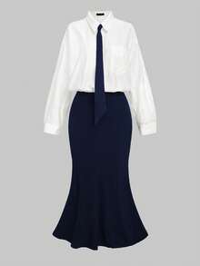 2pcs/Set Elegant Minimalist Business Commute Fashion Long Sleeve Shirt & Mermaid Skirt Outfit With Tie, Office Wear, Autumn/Winter, Tie Included