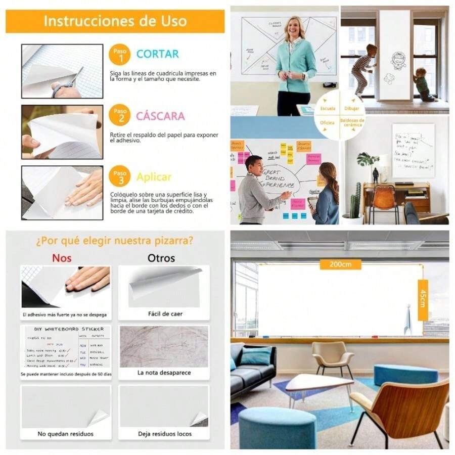 EspesarPizarra Blanca Adhesiva, Rollo de Pegatinas de Pared de Borrado en para la Escuela, la Oficina, el Hogar, los Nios Dibujan con 3 Bolgrafos de Agua 45 * 200 - Blanco - Ver 1