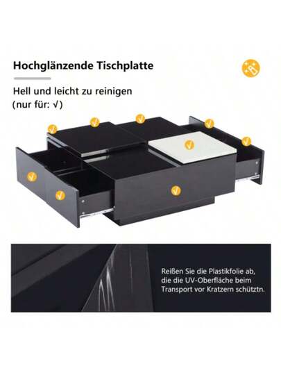 Moderne High Gloss Zwart Square Coffee Tafel Shelves (75 75 33.5 Cm), Small Sliding Tabletop In Contrasting White, Max. Load Capacity 30 Kg view 4