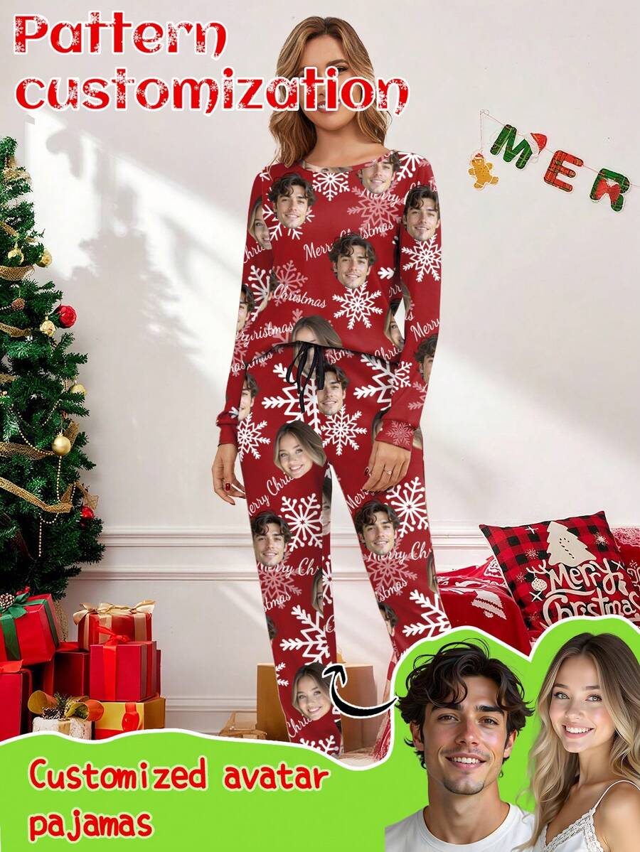 Printstory Customized Women's Pajama Set, Personalized With Pet, Character, Or Portrait Designs, Christmas/Holiday/Bestie Gift, Fall & Winter - Red - View 1