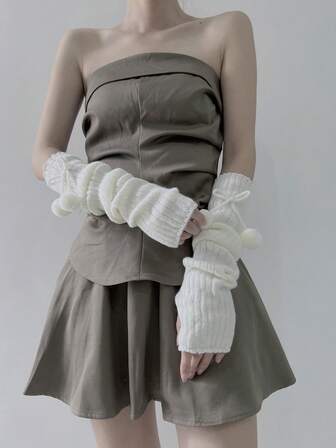 1 Pair Sweet Style Solid Color Knitted Arm Warmers With Bowknot And Fluffy Pom Pom Decor, Fingerless Gloves For Students, Suitable For Daily Wear, Home, Outdoor, And Dates