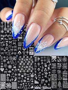 6pcs Christmas Nail Enhancement Template, With Snowflake, Gingerbread Person, Bow, Love, French Nail Hot Stamping Template, For Christmas Nail Decoration, Diy Christmas Nail Polish Transfer Tool