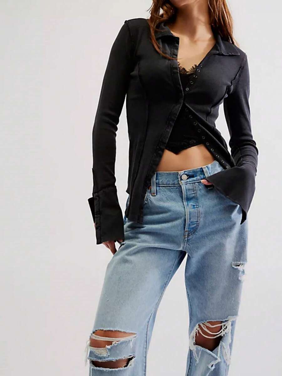 Women's Long Sleeves Snap Button Down Blouses Stretchy Waffle Knit Basic Crew Neck Solid Color Shirts Winter Fall Causal Daily - Black - View 1