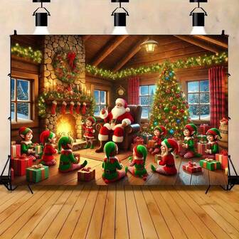 1pc 2026 Christmas Background Banner - Featuring Santa Claus And Elves Scene, Fireplace, Christmas Tree And Gifts, Suitable For Christmas Theme Party Supplies, Photo Booth Prop Banner, Anniversary, Winter Gathering, New Year Holiday Celebration And Christmas Home Decor Background