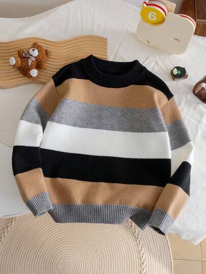 Tween Boys' Collegiate Style Colorblock Striped Pullover Sweater, Thick Knit For Daily, Vacation, Spring, Autumn, Winter