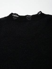ANDREILEE Autumn/Winter Men's New Loose Minimalist Solid Color English Letter & Bullseye Pattern Commute Versatile Sporty Casual Distressed Design Knitted Long Sleeve Crew Neck Sweater Pullover - Black - View 10