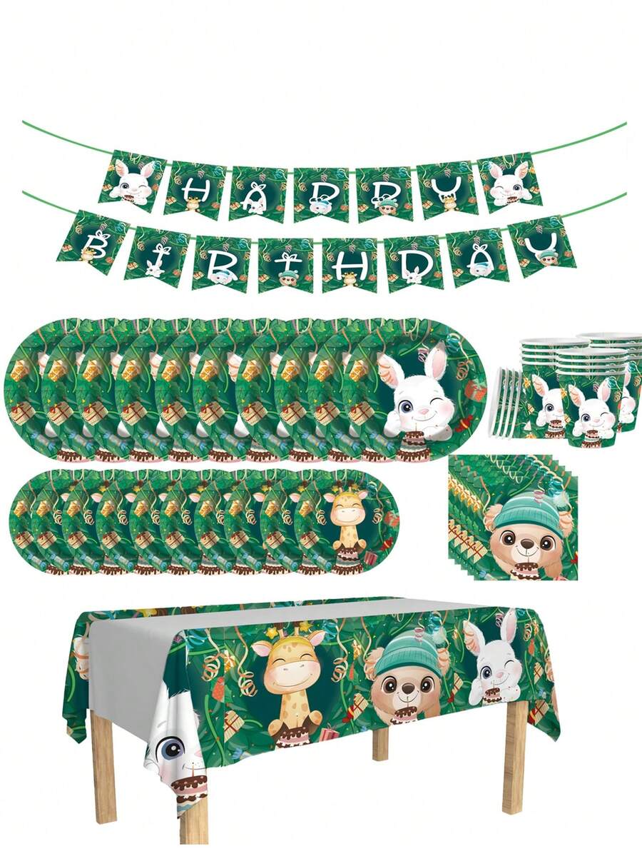 Cartoon Animal Jungle Theme 1/42/60/80/100 Disposable Tableware Set, Including 7-Inch Paper Tray, 9-Inch Cardboard, 9-Ounce Cup, Napkins, Suitable For Daily Gatherings, Birthday Parties, Bridal Showers, Baby Showers, Clubs