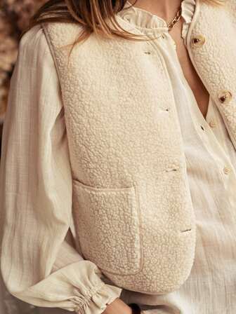 Women's Fashion Sleeveless Teddy Vest, Round Neck, Button And Pocket On Front, Regular Fit, Non-Stretch Woven Fabric