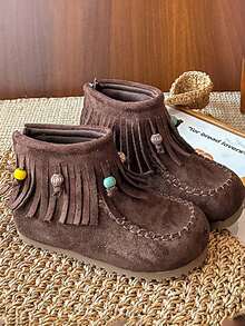 1 Pair Autumn/Winter New Retro Suede Children Boots, Girls Korean Version Tassel Short Boots With Back Zipper, Princess Shoes
