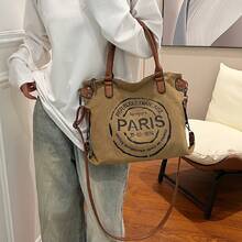 Vintage Paris Tote Bag With Adjustable Strap, Large Capacity Crossbody Shoulder Bag With Zipper Closure & Fabric Lining – Ideal For Daily Use - Văn bản màu đen - Xem 4