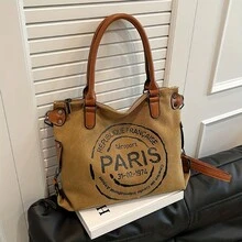 Vintage Paris Tote Bag With Adjustable Strap, Large Capacity Crossbody Shoulder Bag With Zipper Closure & Fabric Lining – Ideal For Daily Use - Văn bản màu đen - Xem 2
