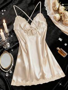 Women's Nightgown, Mature Floral Print Satin Lace Trim Sleepwear Dress, V-Neck Criss-Cross Open Back Spaghetti Strap Slip Dress, Comfortable Robe