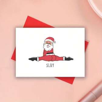 1 pièce Carte de Noël amusante avec le Père Noël en écart "Slay" - Pose de danse coquine avec un design de jambes écartées et le texte "SLAY", carte de vœux de fête humoristique pour les collègues, les amis, la famille - Carte à jeu de mots sur le thème des fêtes