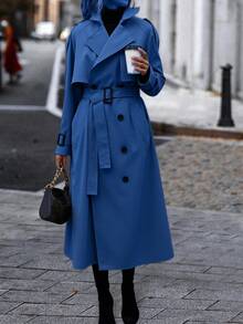 Gabardina informal de manga larga con cuello, cinturón y botones dobles para mujer para otoño - azul real - Ver 1