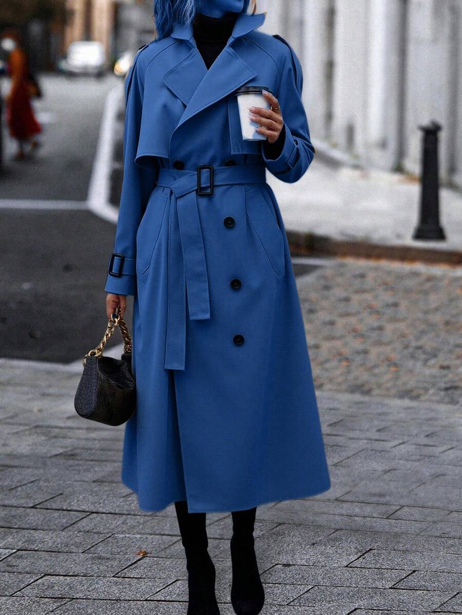 Gabardina informal de manga larga con cuello, cinturón y botones dobles para mujer para otoño - azul real - Ver 1