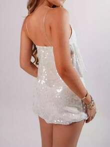 Women Y2k Sparkly Sequin Camisole Tops Spaghetti Strap Crop Tank Tops Sexy V Neck Sleeveless Backless Ruffle Shirts Going Out Peplum Tops  Summer Party Clubwear Summer Streetwear - trắng - Xem 4