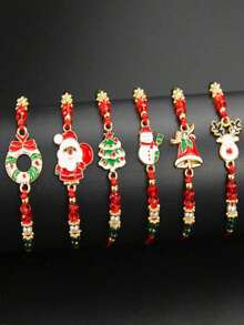 6 Stücke Weihnachts-Element Cartoon süße Armband Set, inklusive Weihnachtsmann, Weihnachtsbaum, Rentier, Schneemann, Glocke, handgemachte Perlenarmreifen, perfekt für Weihnachtsoutfit und Geschenke