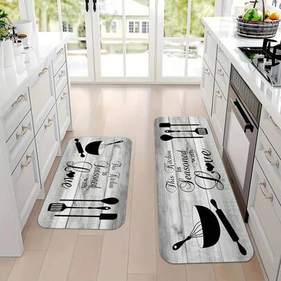 2/3pcs Grey Wood Grain Kitchen Letter Design Mats, Spring-Summer Outdoor Theme, Fade-Resistant Kitchen Mat, High-Quality Flannel Pads, Soft Cushioning Mat, Living Room Bedroom Mat, Quick-Dry Washable Rugs For Kitchen Hallway Bathroom Laundry