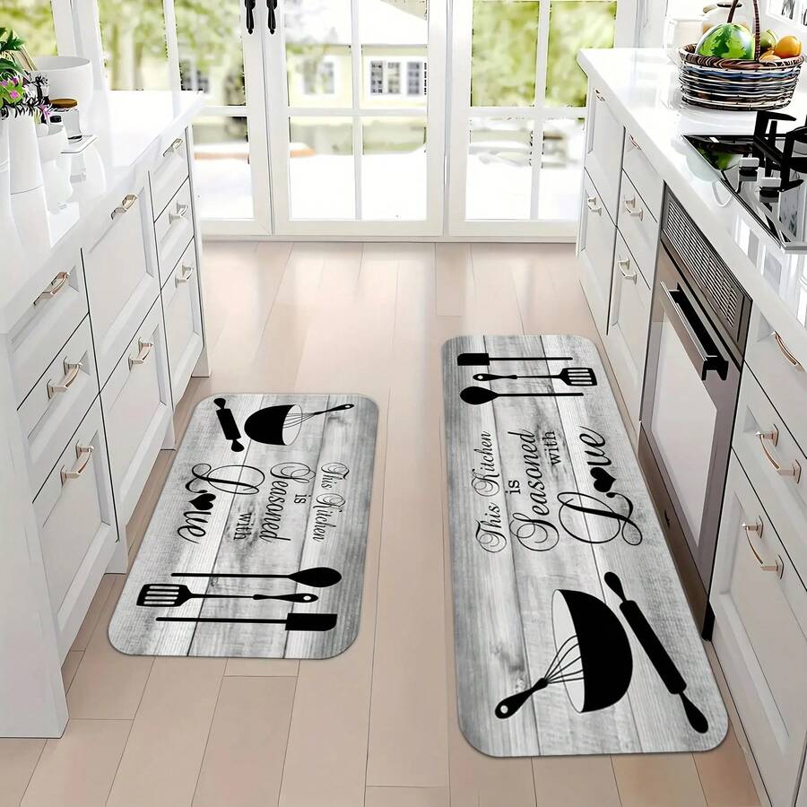 2/3pcs Grey Wood Grain Kitchen Letter Design Mats, Spring-Summer Outdoor Theme, Fade-Resistant Kitchen Mat, High-Quality Flannel Pads, Soft Cushioning Mat, Living Room Bedroom Mat, Quick-Dry Washable Rugs For Kitchen Hallway Bathroom Laundry