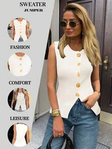 Chaleco de punto elegante y de moda para mujer, de unicolor, sin mangas, con cuello redondo, abierto por delante, con botones metálicos vintage, para uso en el trabajo