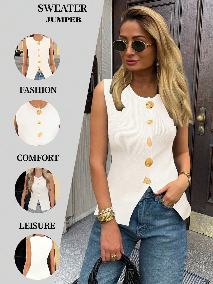 Chaleco de punto elegante y de moda para mujer, de unicolor, sin mangas, con cuello redondo, abierto por delante, con botones metálicos vintage, para uso en el trabajo
