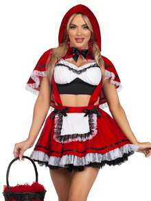 Womens Halloween Costume Bows Lace Ruffled Trim Short Sleeve Tube Tops Suspender Dress And Hooded Cape 3 Pcs Set - Đỏ - Xem 2
