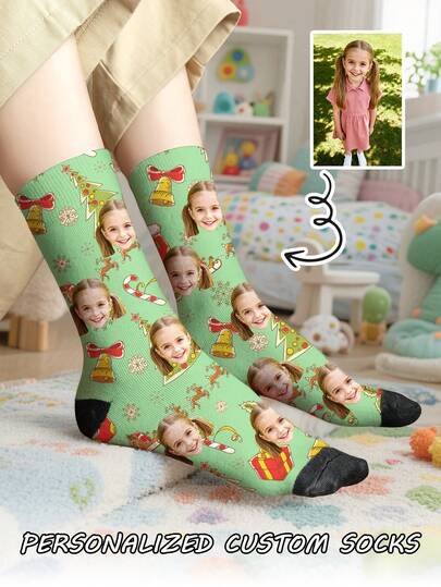 1 Pair Of Christmas Design Customized Face Boy's Front Printed Mid Tube Socks, Couple Socks, Personalized With Photos, Funny Couple Socks, Comfortable And Breathable, Creative Cartoon Design, Perfect Holiday, Birthday, Valentine's Day Gifts, Funny, Crazy, Anime, Multi-Color Socks